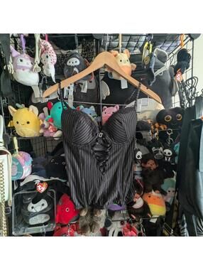 Black Pinstripe Lace Corset Bustier Top Gothic Y2K